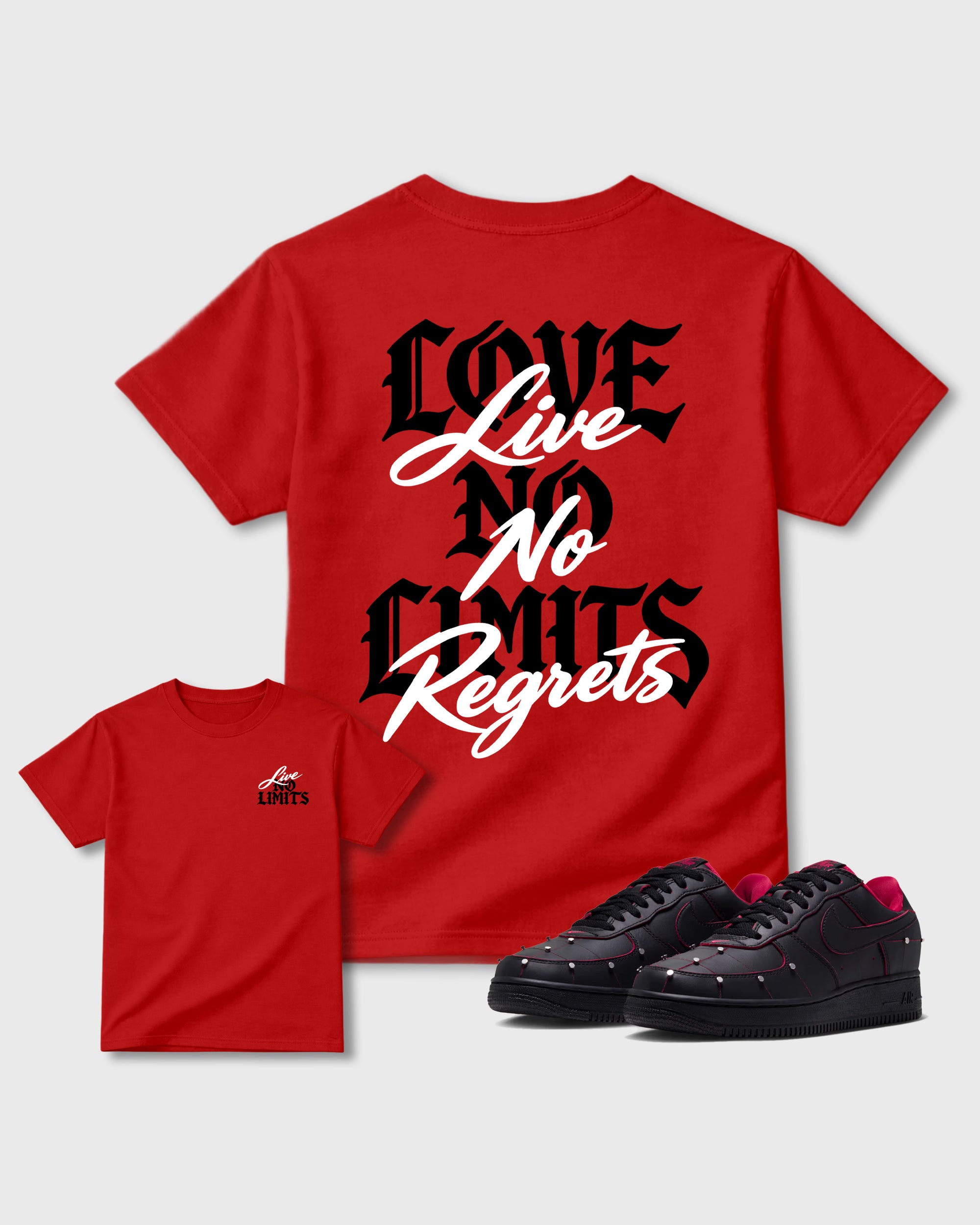 No Limits Red Graphic T-Shirt - 1, sneaker matching tee designed to match Air Force 1 "Nightmare" Black and Gym Redsneakers for a coordinated sneaker outfit.