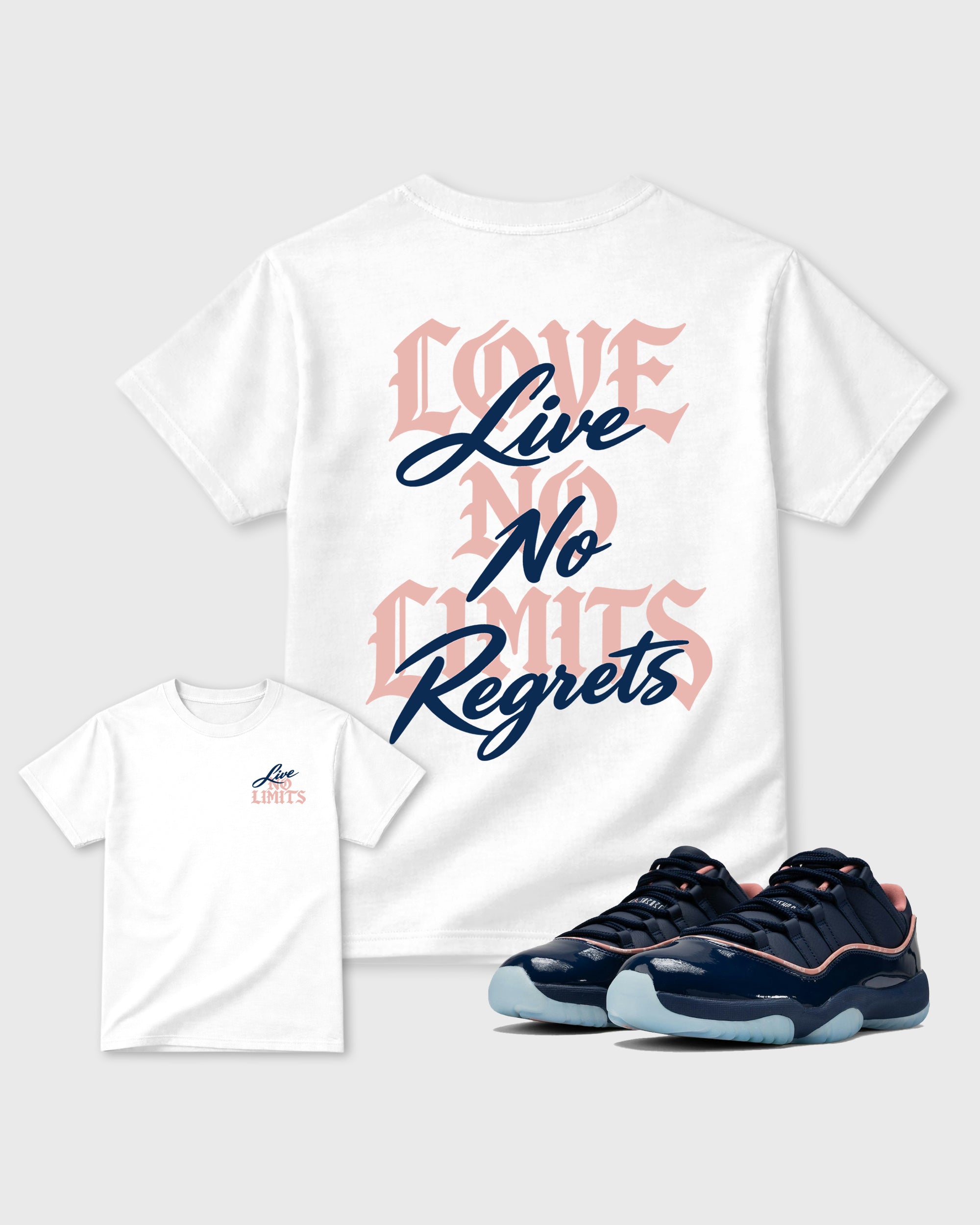 No Limits White Graphic T-Shirt - 3, sneaker matching shirt designed to pair with APB X Air Jordan 11 Low "Made For Locals" sneakers for a coordinated streetwear outfit.