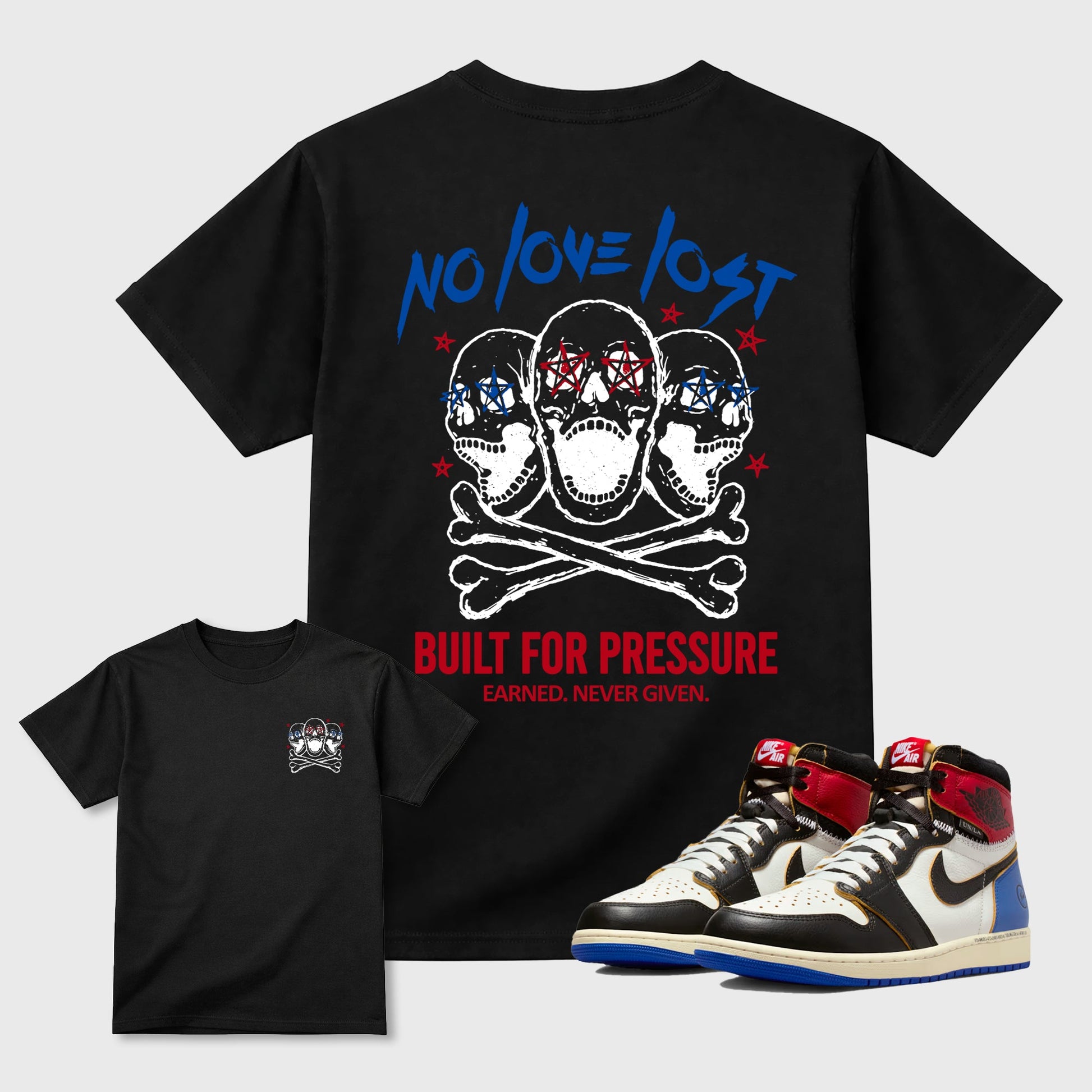 No Love Lost sneaker match t-shirt styled to complete your fit with the Air Jordan 1 Union x Fragment sneakers, shown in Black.