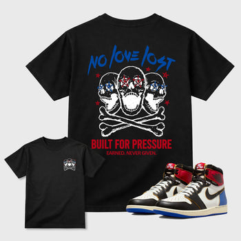 No Love Lost sneaker match t-shirt styled to complete your fit with the Air Jordan 1 Union x Fragment sneakers, shown in Black.
