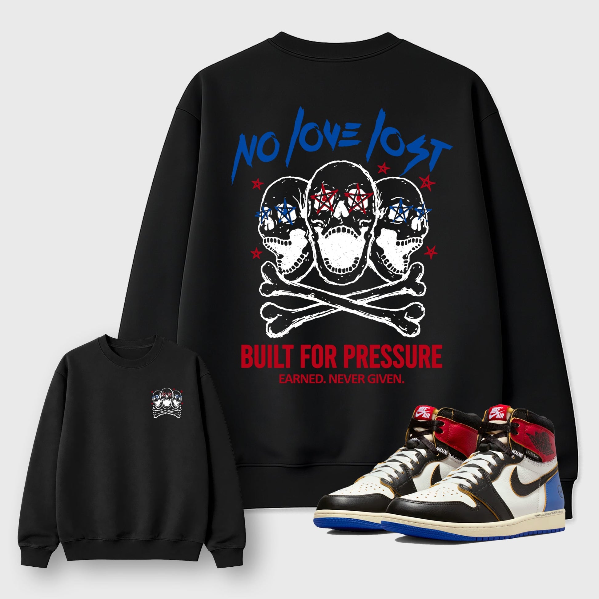 No Love Lost sneaker match t-shirt styled to complete your fit with the Air Jordan 1 Union x Fragment sneakers, shown in Black.
