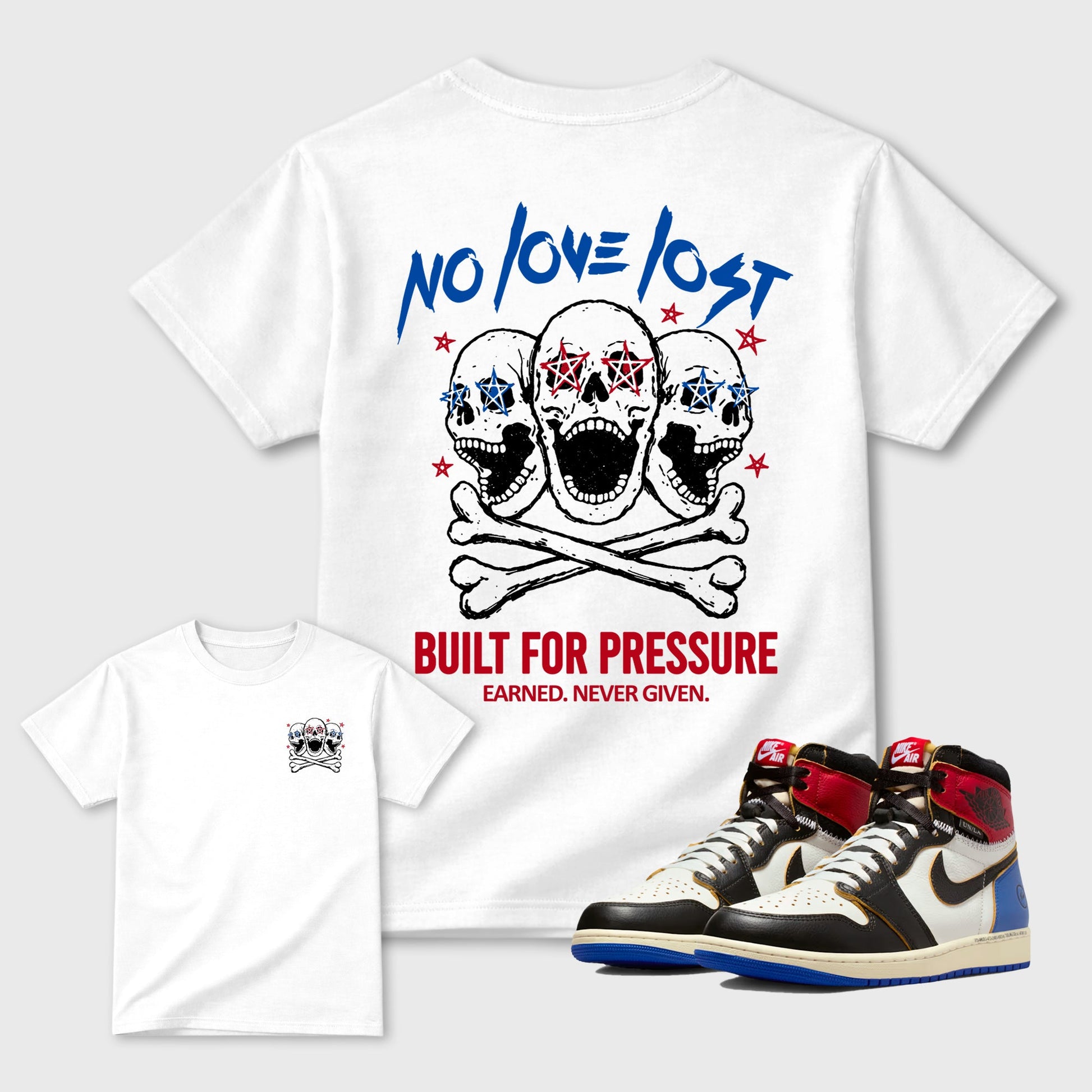 No Love Lost sneaker match t-shirt styled to complete your fit with the Air Jordan 1 Union x Fragment sneakers, shown in White.