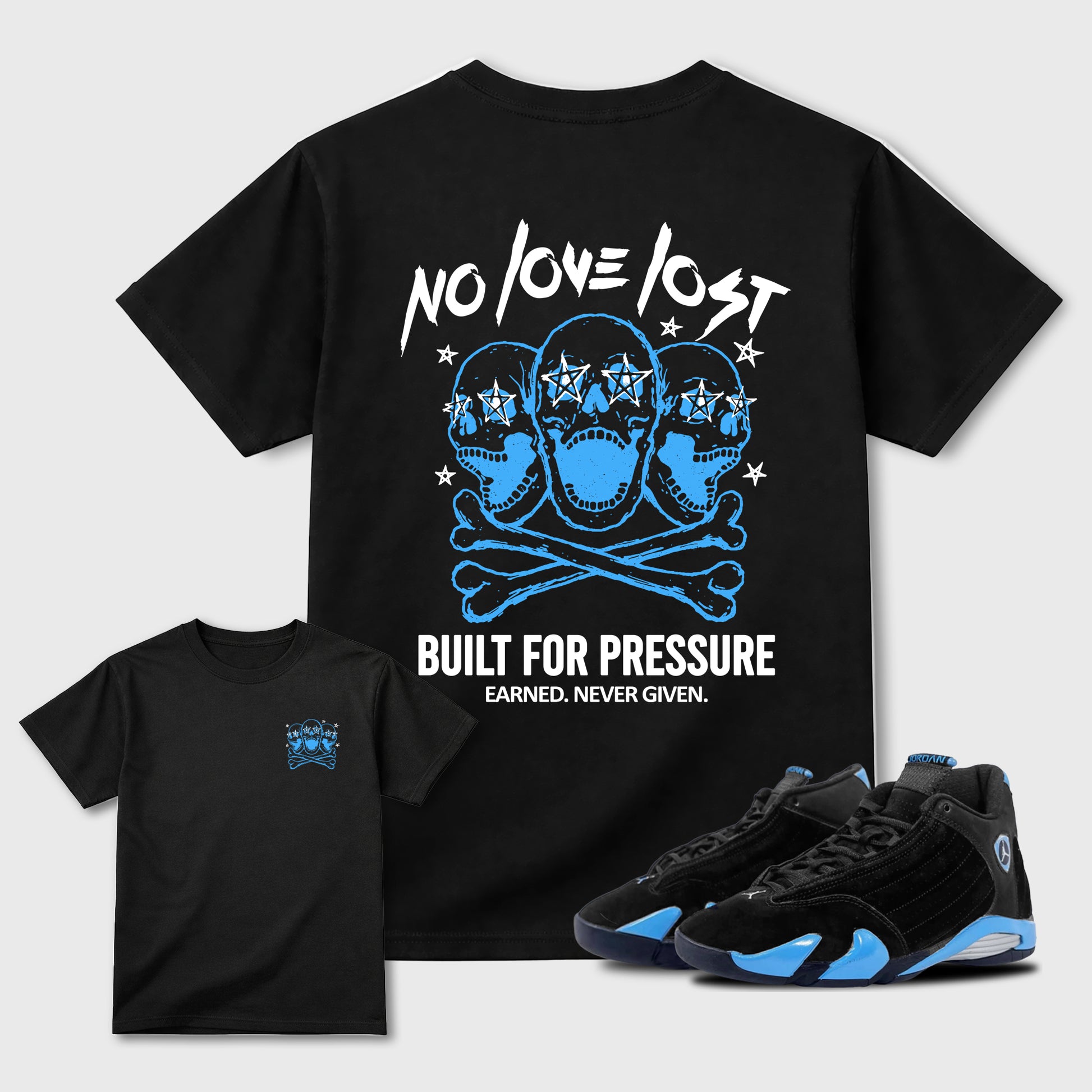 No Love Lost sneaker match t-shirt styled to complete your fit with the Air Jordan 14 University Blue sneakers, front and Back Graphic Tee, shown in Black.