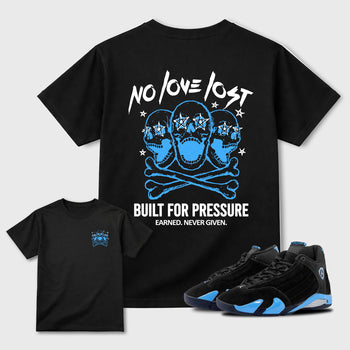 No Love Lost sneaker match t-shirt styled to complete your fit with the Air Jordan 14 University Blue sneakers, front and Back Graphic Tee, shown in Black.