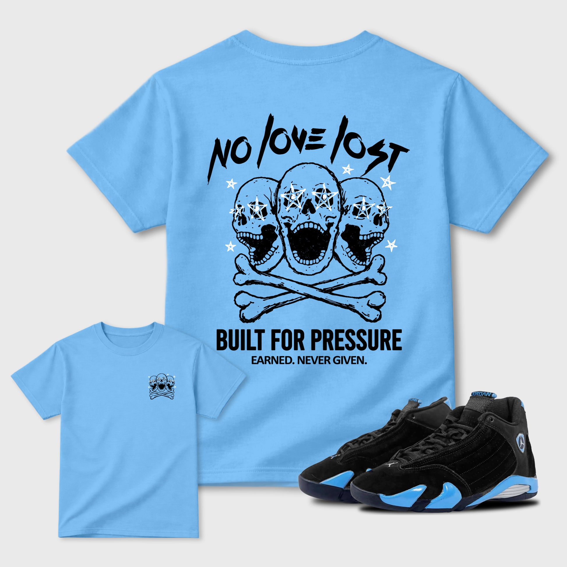 No Love Lost sneaker match t-shirt styled to complete your fit with the sneakers, front and Back Graphic Tee, shown in Carolina Blue.