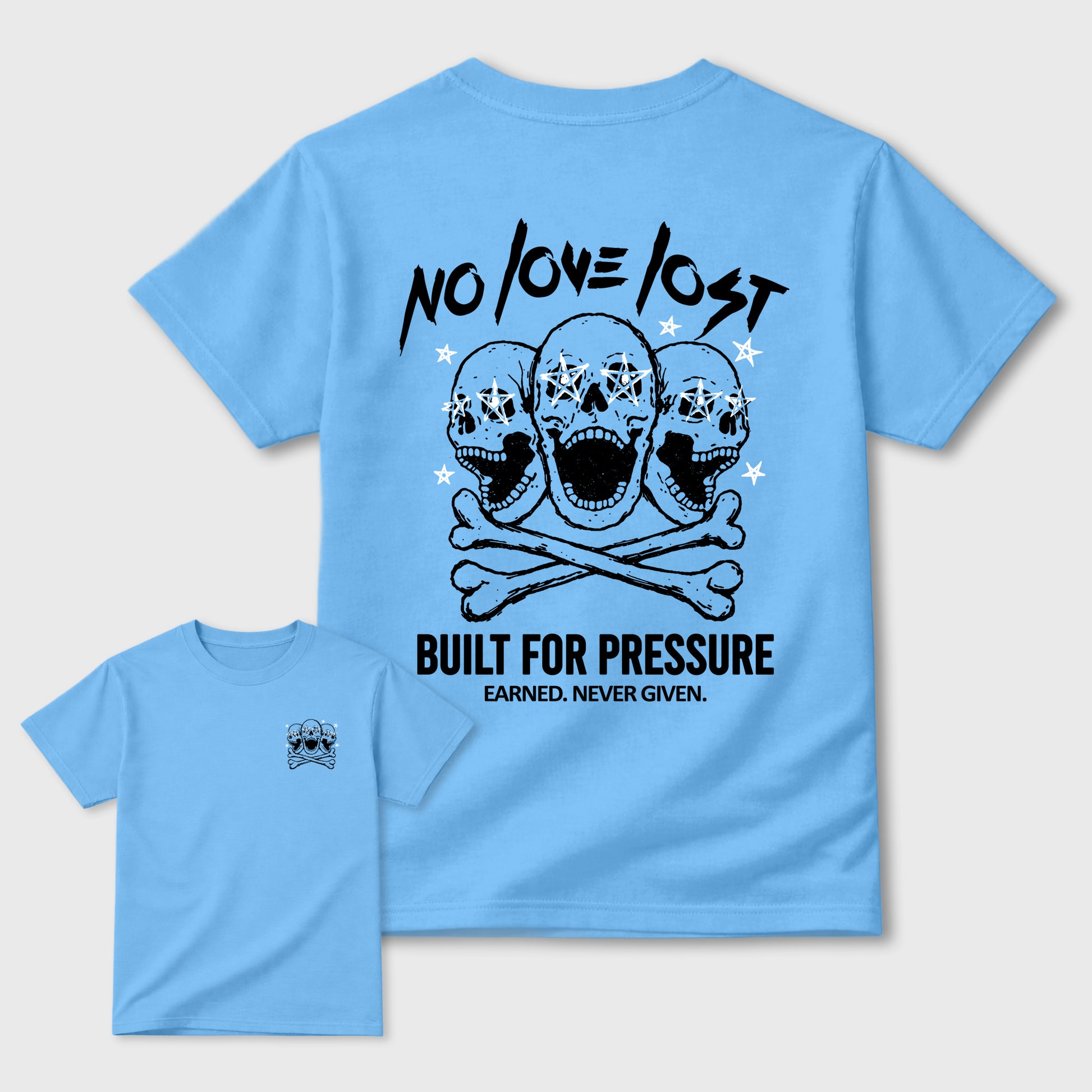 No Love Lost sneaker match t-shirt styled to complete your fit with the sneakers, front and Back Graphic Tee, shown in Carolina Blue.