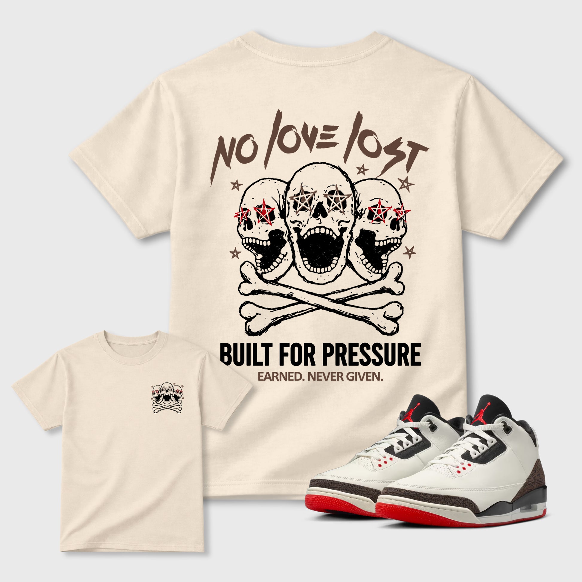No Love Lost sneaker match t-shirt styled to complete your fit with the Air Jordan 3 World's Best Dad sneakers, shown in Natural.