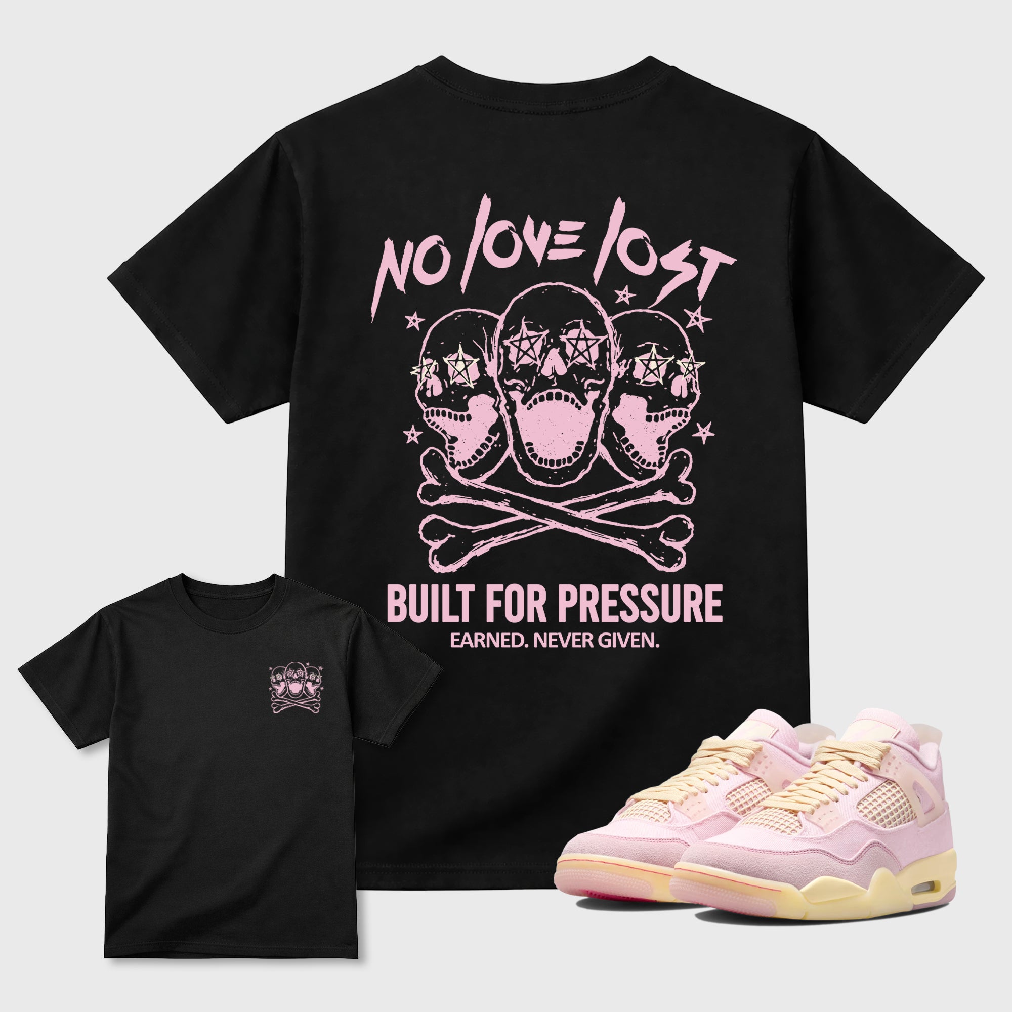 No Love Lost graphic t-shirt, Double side styled graphic shirts to complete your fit with the 4s Iced Carmine sneakers, shown in Black.