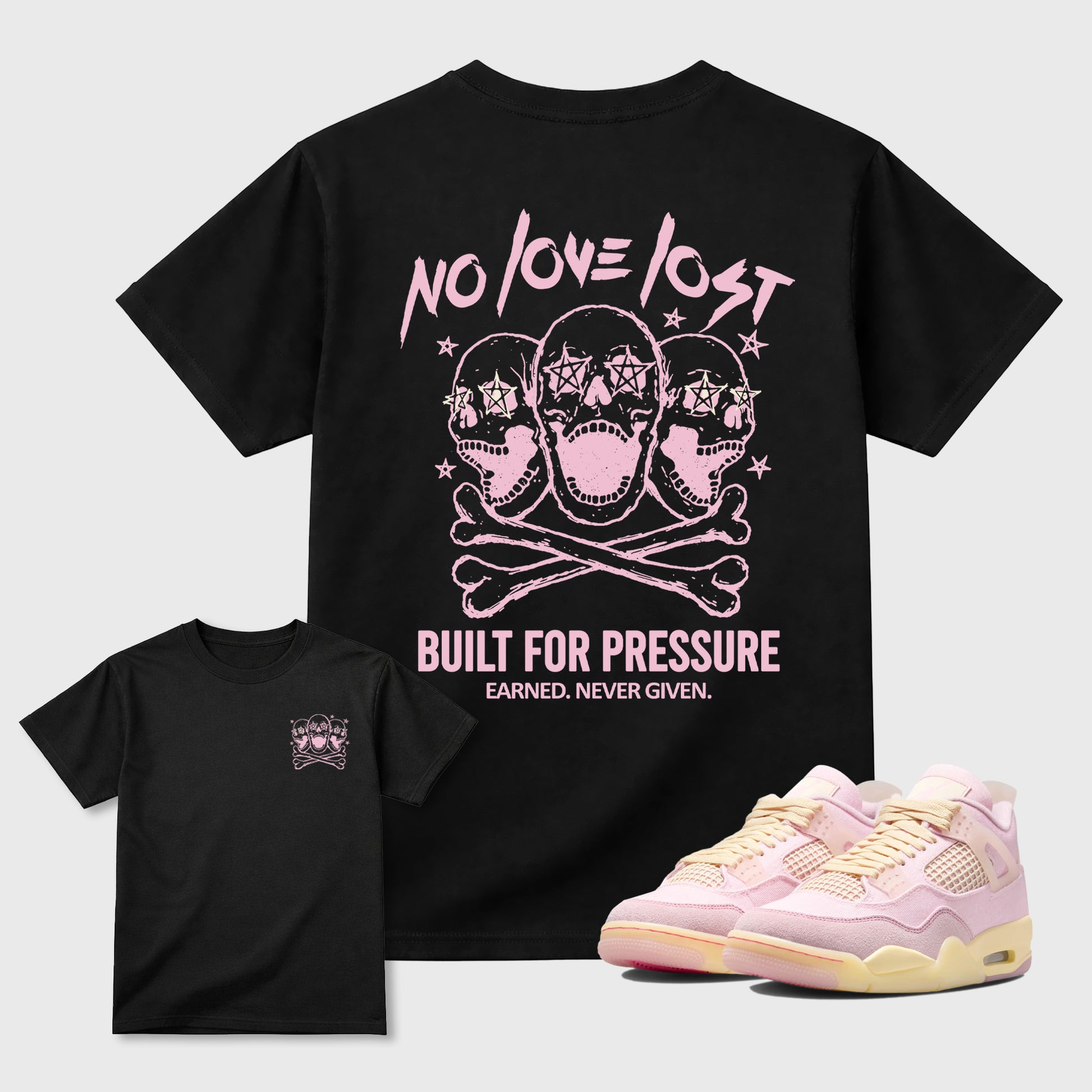 No Love Lost graphic t-shirt, Double side styled graphic shirts to complete your fit with the 4s Iced Carmine sneakers, shown in Black.