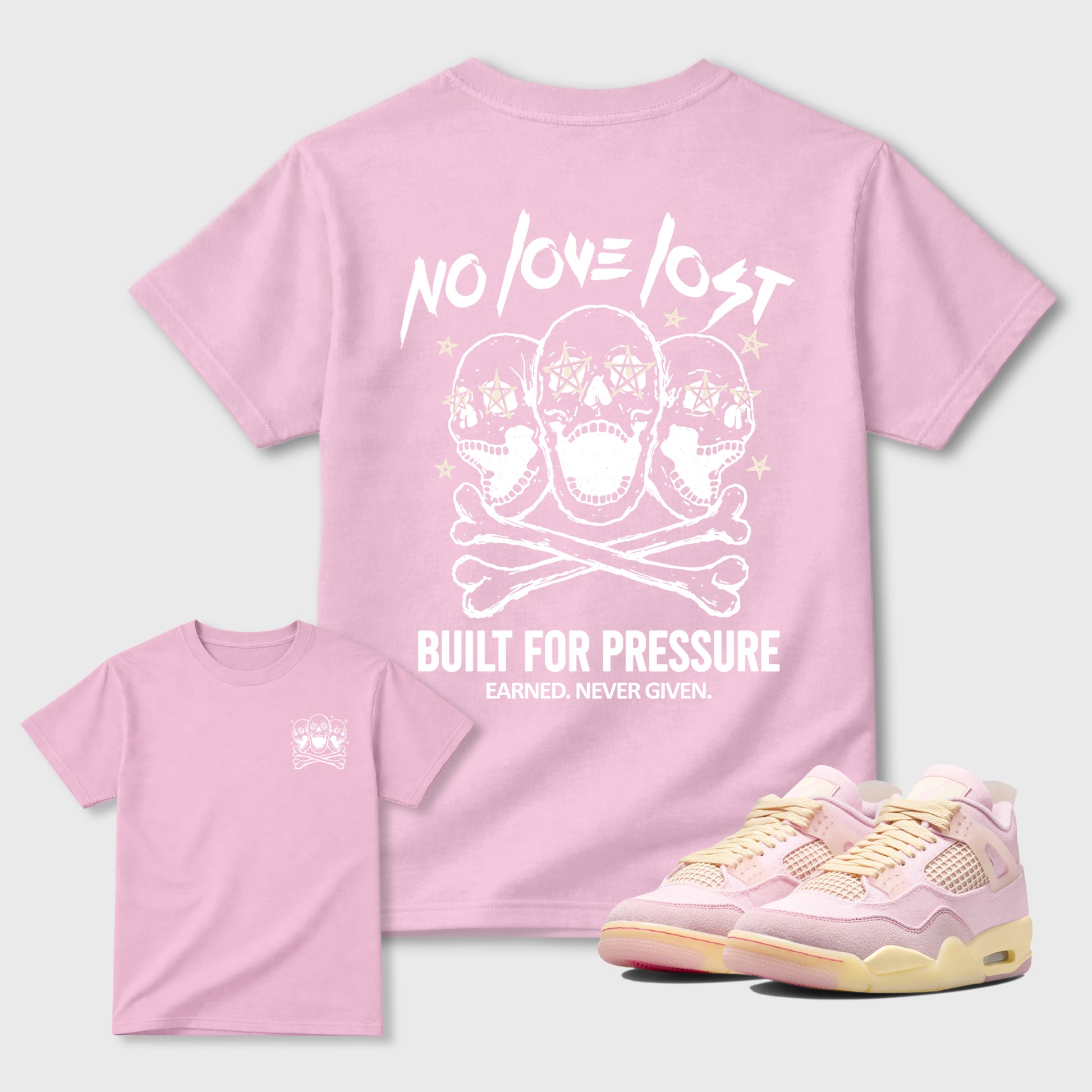 No Love Lost graphic t-shirt, Double side styled graphic shirts to complete your fit with the Air Jordan 4 Iced Carmine sneakers, shown in Pink.