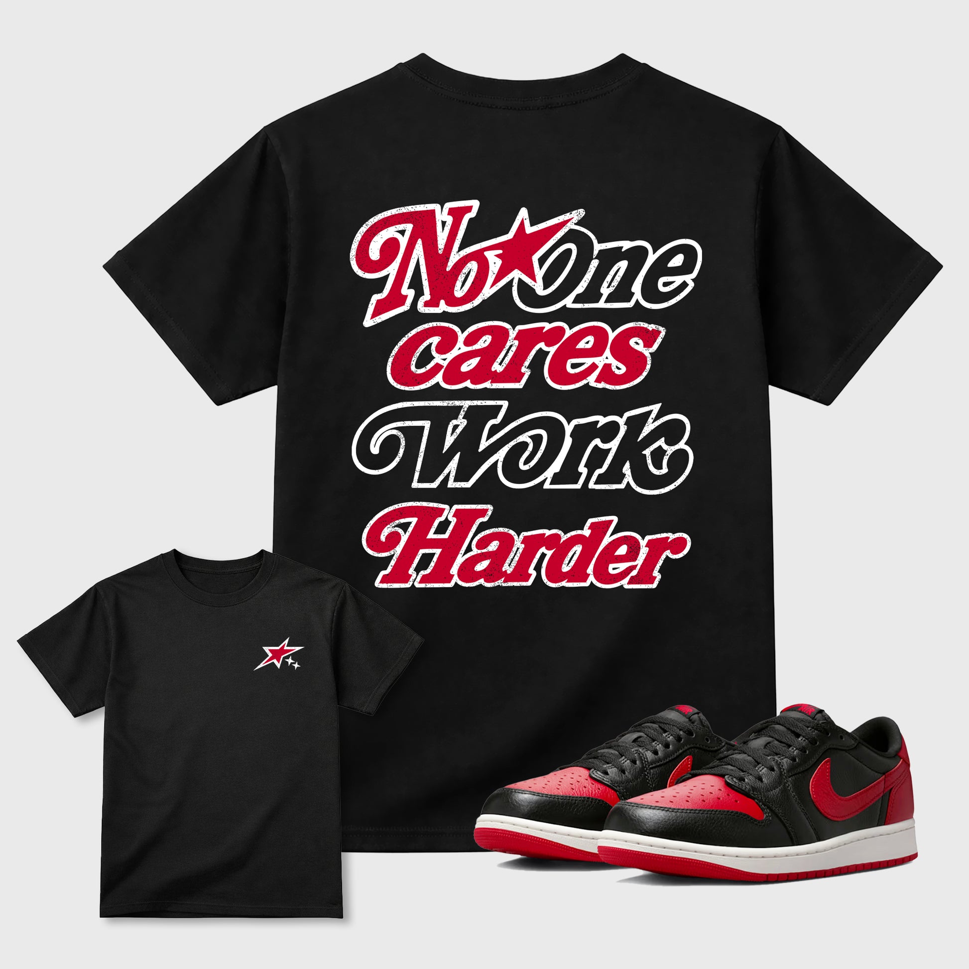 No One Cares Work Harder graphic t-shirt styled to complete your sneaker outfit with the Air Jordan 1 Banned sneakers, shown in Black.