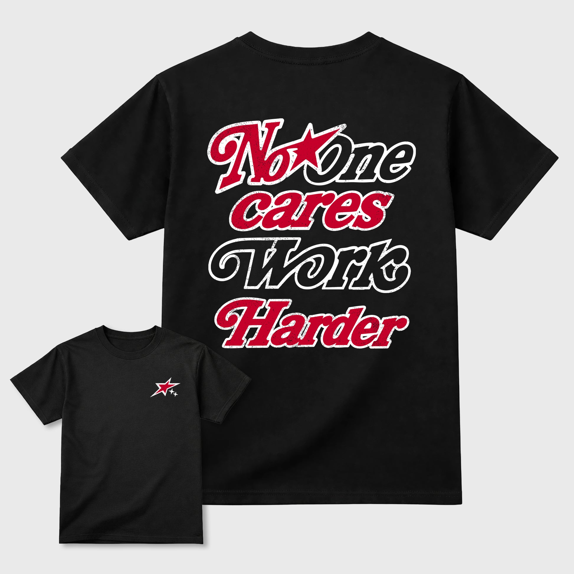 No One Cares Work Harder graphic t-shirt styled to complete your sneaker outfit with the 1s Low OG Banned, shown in Black.