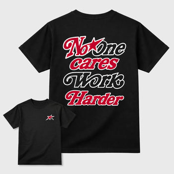 No One Cares Work Harder graphic t-shirt styled to complete your sneaker outfit with the 1s Low OG Banned, shown in Black.