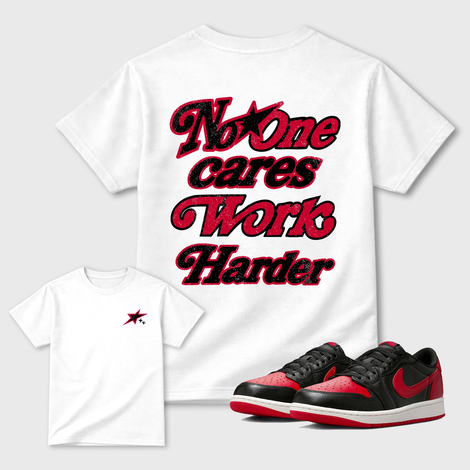 No One Cares Work Harder graphic t-shirt styled to complete your sneaker outfit with the 1s Low OG Banned, shown in White.