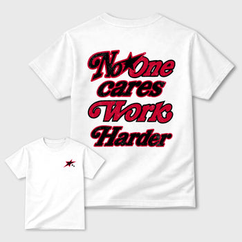 No One Cares Work Harder graphic t-shirt styled to complete your sneaker outfit with the 1s Low OG Banned, shown in White.