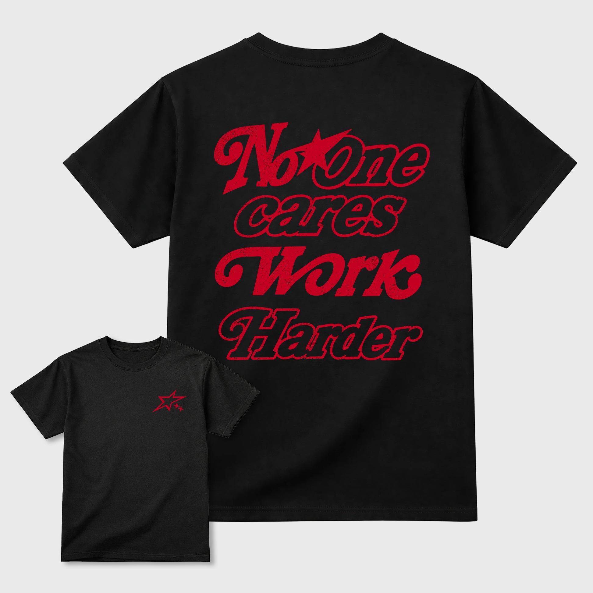 No One Cares Work Harder Graphic T-Shirt sneaker match tee designed for the sneakers, featuring coordinated color options for a perfect streetwear match. Black shirt.