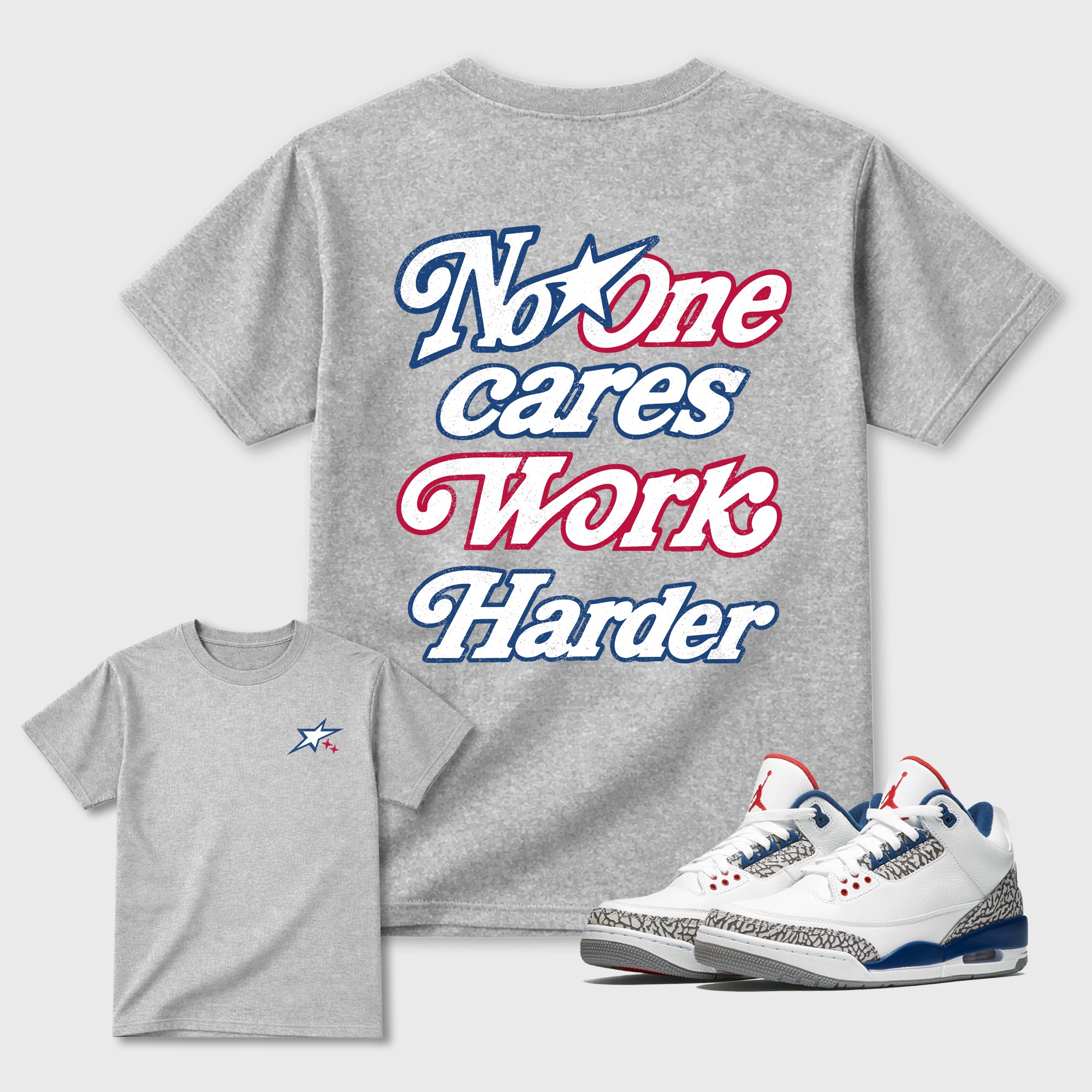 No One Cares Work Harder Graphic T-Shirt featuring original streetwear artwork designed to match the . Heather Grey Graphic T-Shirt.