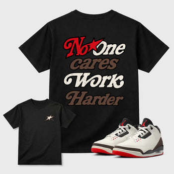 No One Cares Work Harder double side graphic tee styled to complete your fit with the AJ3 World's Best Dad, shown in Black.