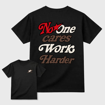 No One Cares Work Harder double side graphic tee styled to complete your fit with the AJ3 World's Best Dad, shown in Black.