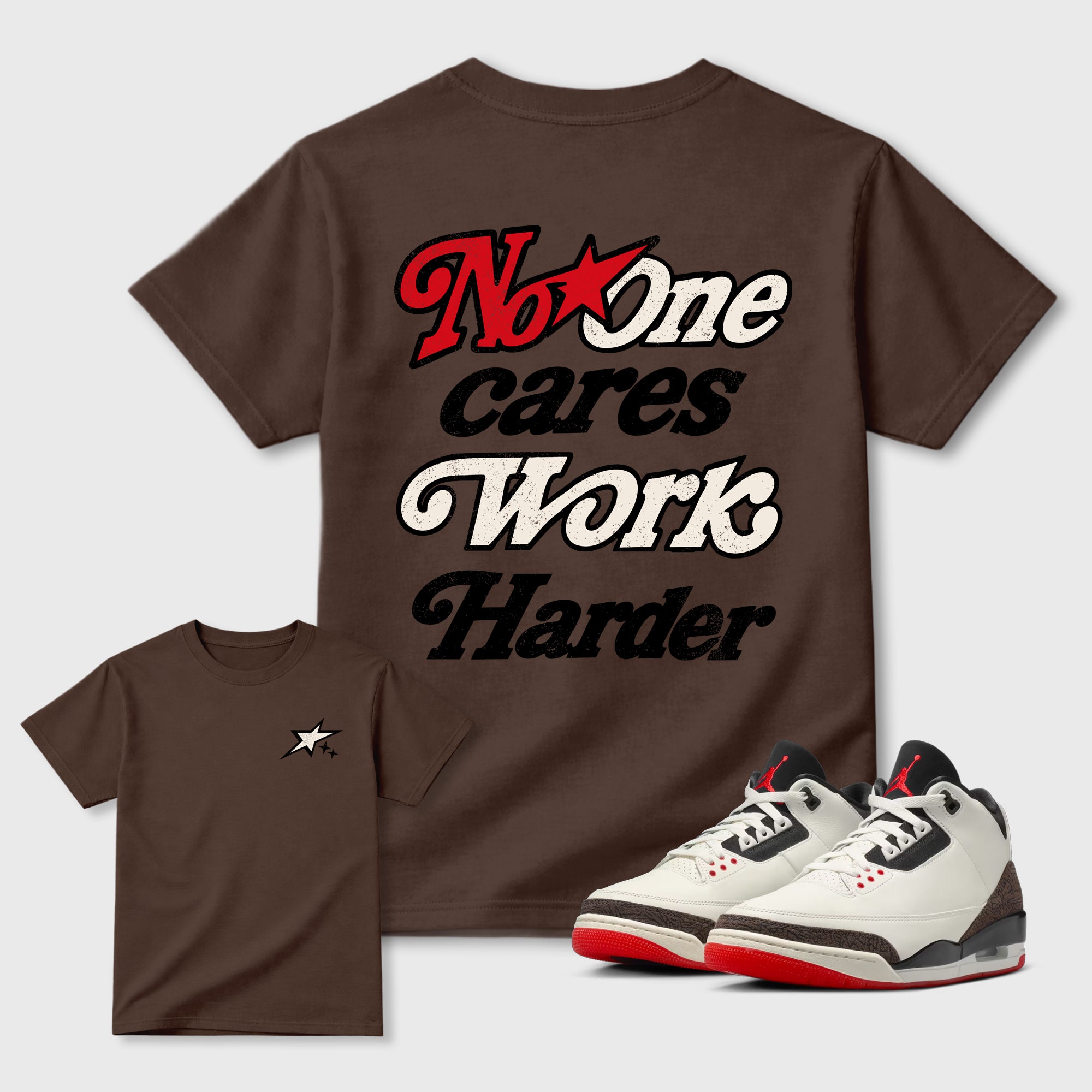 No One Cares Work Harder double side graphic tee styled to complete your fit with the AJ3 World's Best Dad, shown in Dark Chocolate.