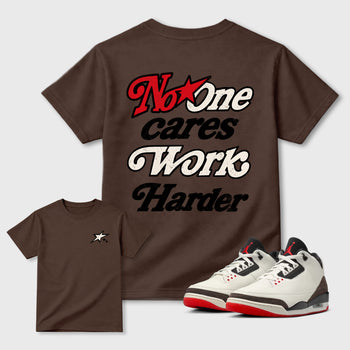 No One Cares Work Harder double side graphic tee styled to complete your fit with the AJ3 World's Best Dad, shown in Dark Chocolate.