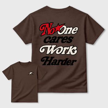 No One Cares Work Harder double side graphic tee styled to complete your fit with the AJ3 World's Best Dad, shown in Dark Chocolate.