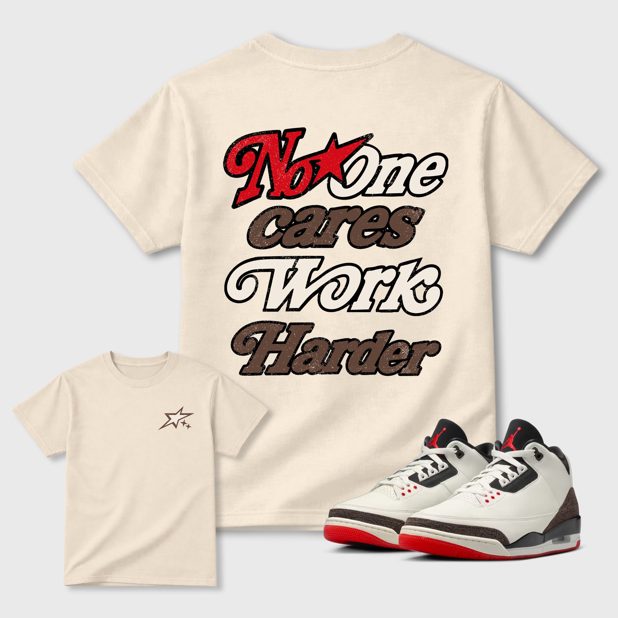 No One Cares Work Harder double side graphic tee styled to complete your fit with the Air Jordan 3 World's Best Dad sneakers, shown in Natural.