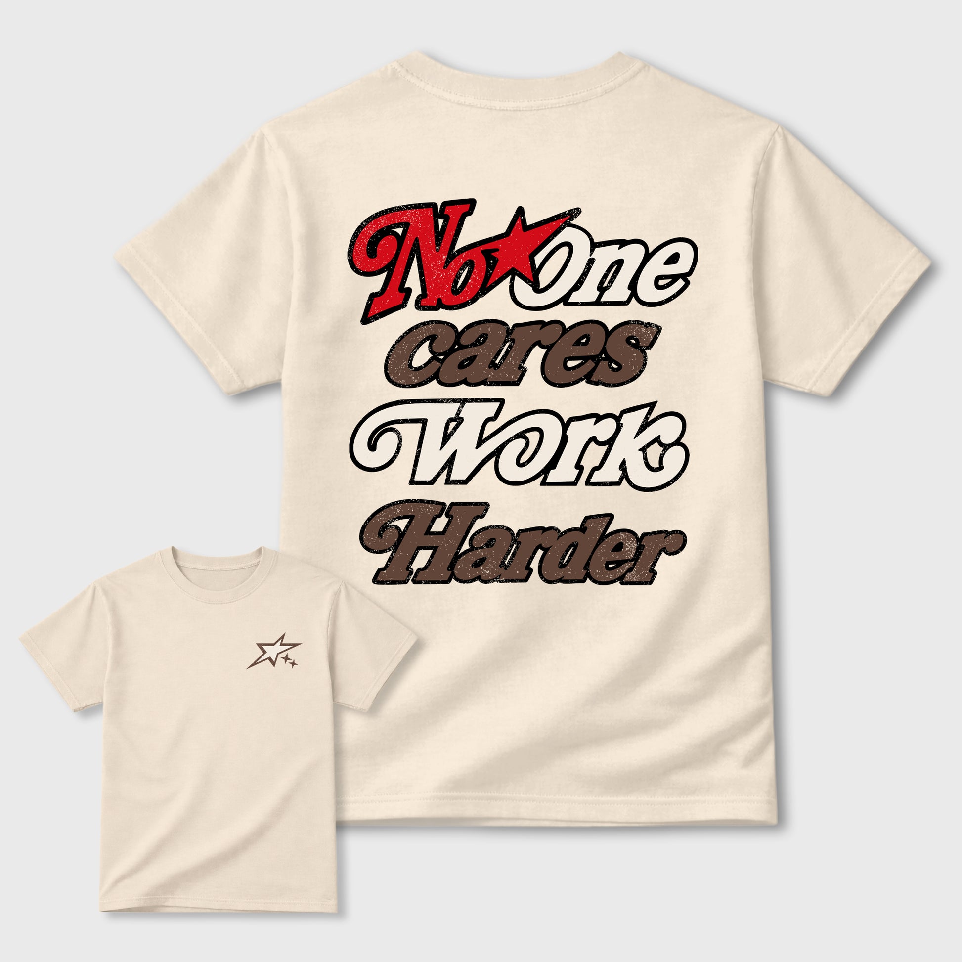No One Cares Work Harder double side graphic tee styled to complete your fit with the AJ3 World's Best Dad, shown in Natural.