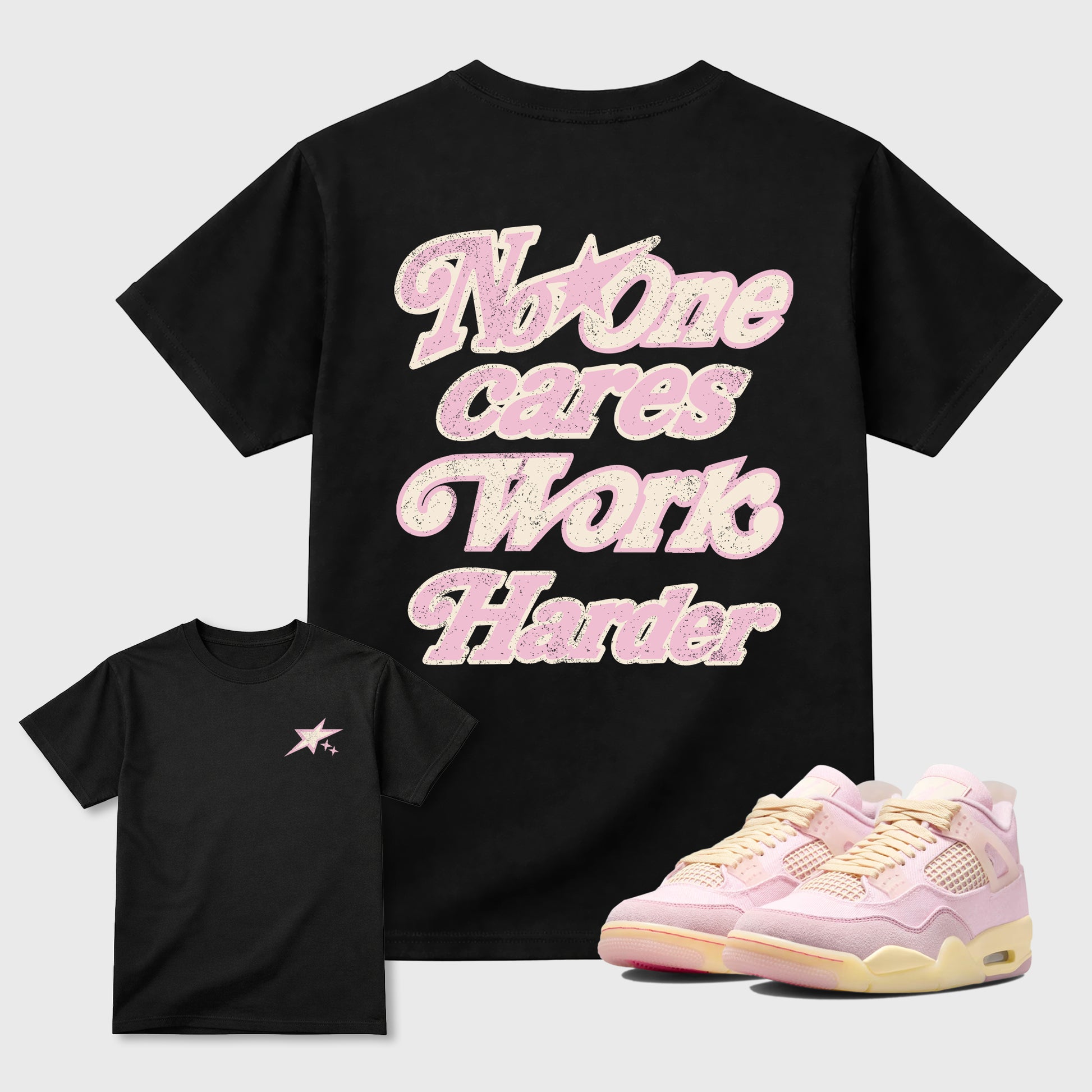 No One Cares Work Harder graphic t-shirt, Double side styled graphic shirts to complete your fit with the 4s Iced Carmine sneakers, shown in Black.