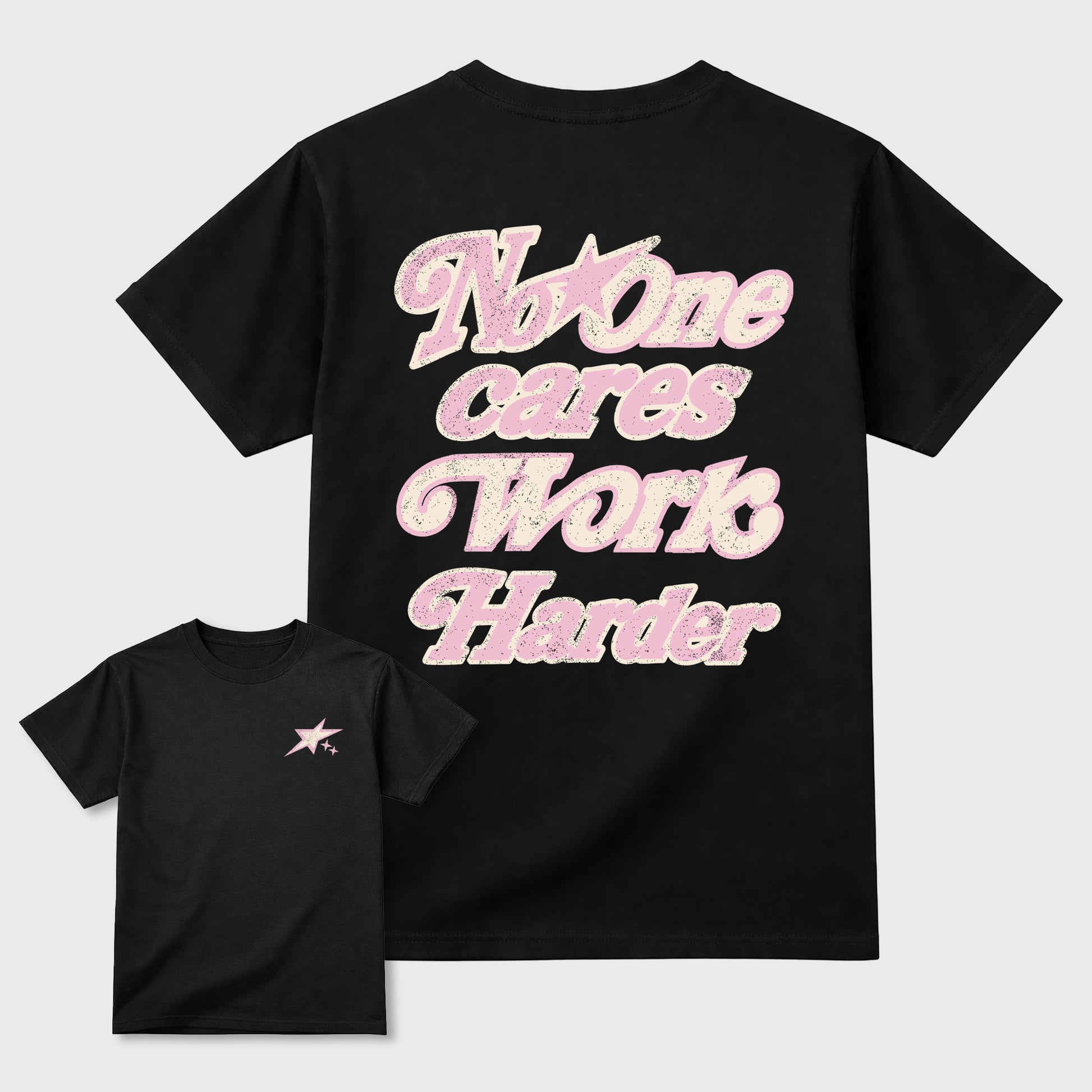 No One Cares Work Harder graphic t-shirt, Double side styled graphic shirts to complete your fit with the 4s Iced Carmine sneakers, shown in Black.