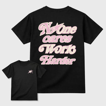 No One Cares Work Harder graphic t-shirt, Double side styled graphic shirts to complete your fit with the 4s Iced Carmine sneakers, shown in Black.