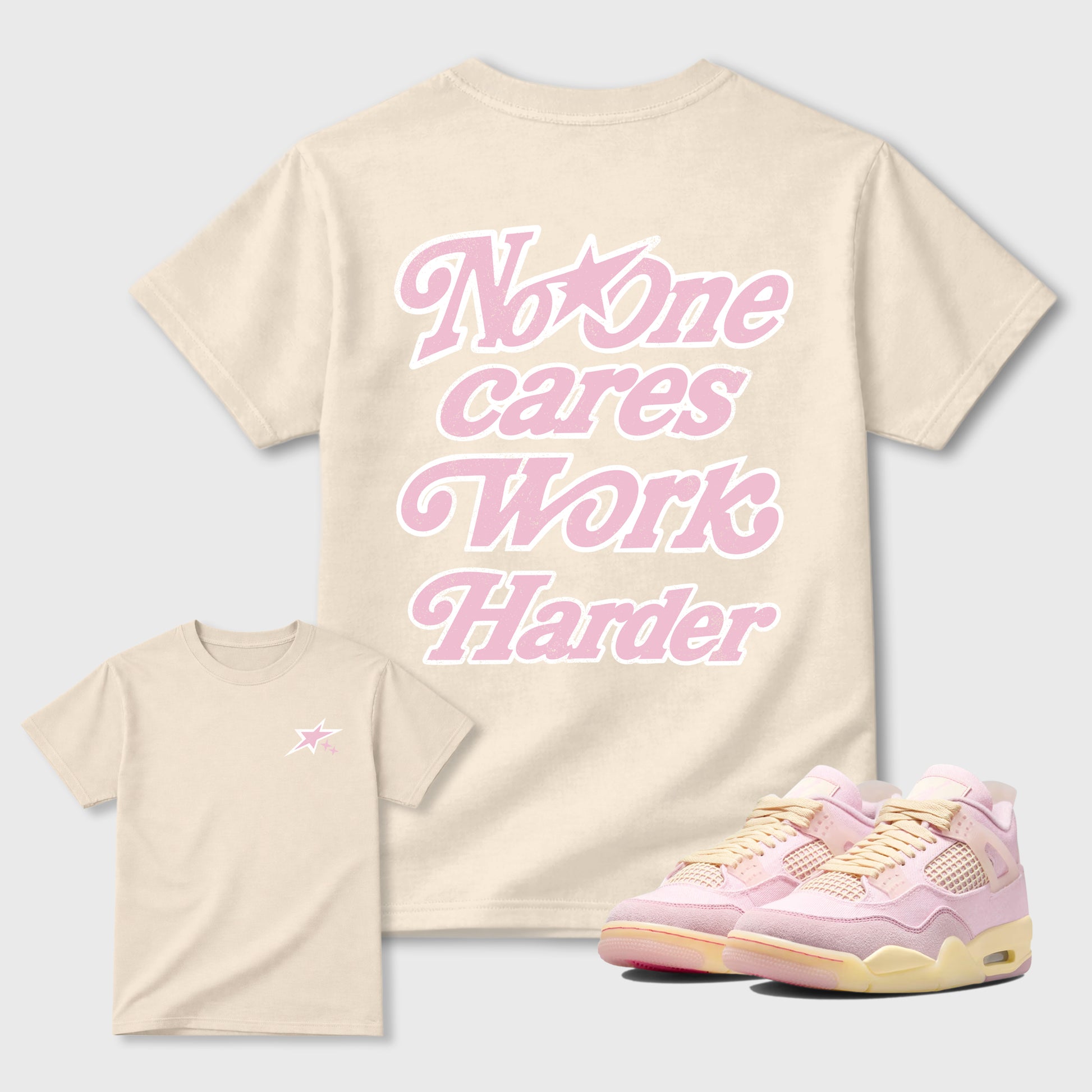No One Cares Work Harder graphic t-shirt, Double side styled graphic shirts to complete your fit with the 4s Iced Carmine sneakers, shown in Natural.