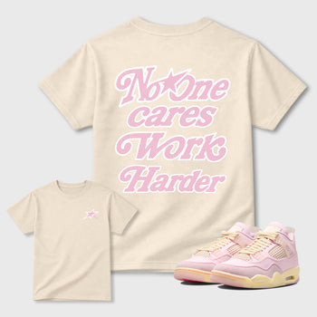 No One Cares Work Harder graphic t-shirt, Double side styled graphic shirts to complete your fit with the 4s Iced Carmine sneakers, shown in Natural.
