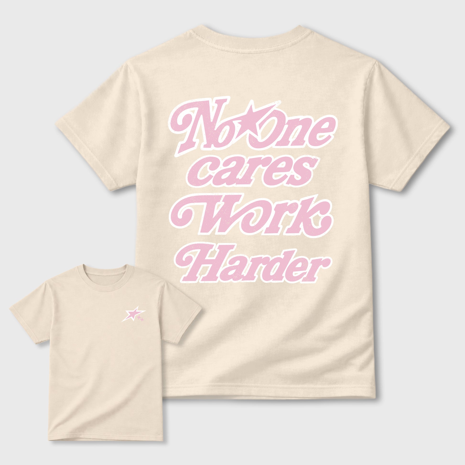 No One Cares Work Harder graphic t-shirt, Double side styled graphic shirts to complete your fit with the 4s Iced Carmine sneakers, shown in Natural.