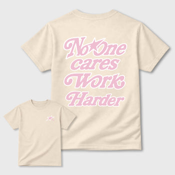 No One Cares Work Harder graphic t-shirt, Double side styled graphic shirts to complete your fit with the 4s Iced Carmine sneakers, shown in Natural.