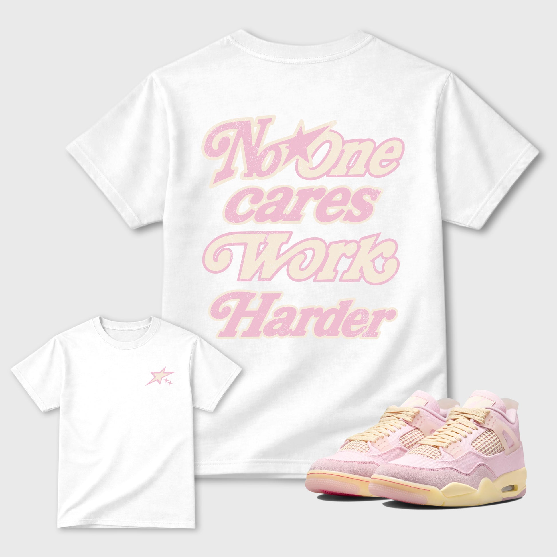 No One Cares Work Harder graphic t-shirt, Double side styled graphic shirts to complete your fit with the Air Jordan 4 Iced Carmine sneakers, shown in White.