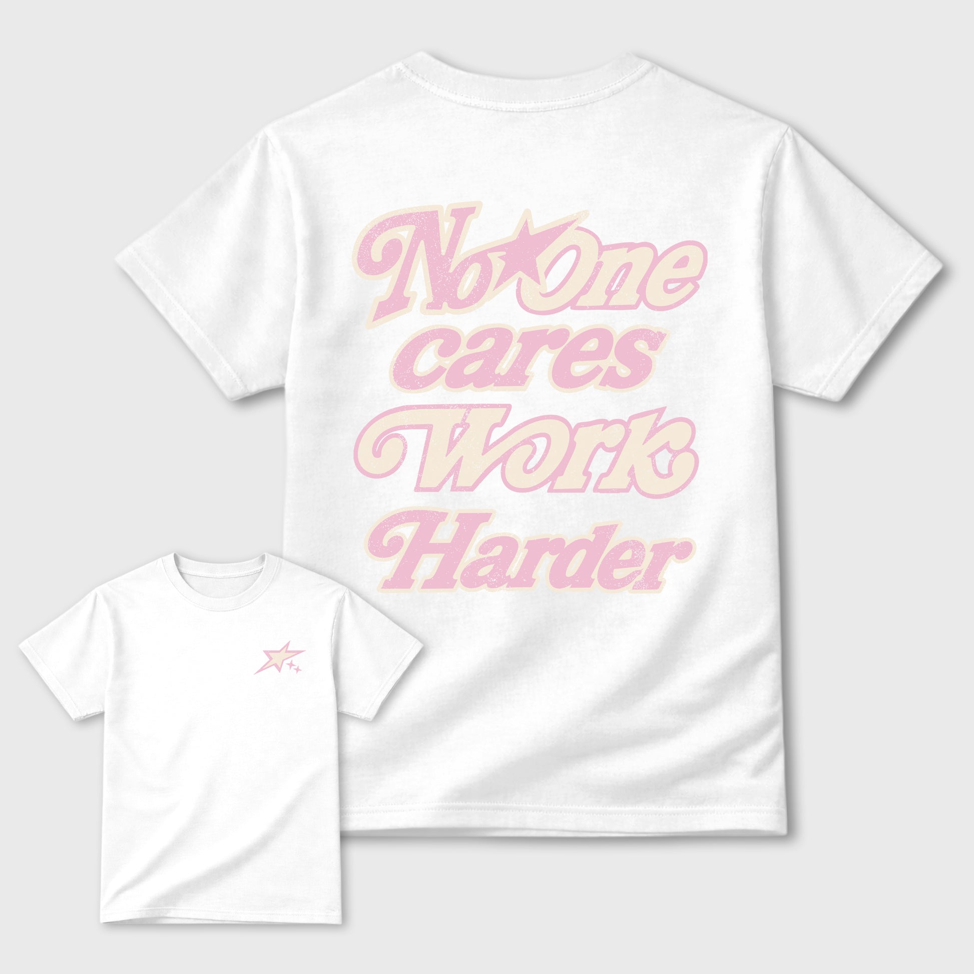 No One Cares Work Harder graphic t-shirt, Double side styled graphic shirts to complete your fit with the 4s Iced Carmine sneakers, shown in White.