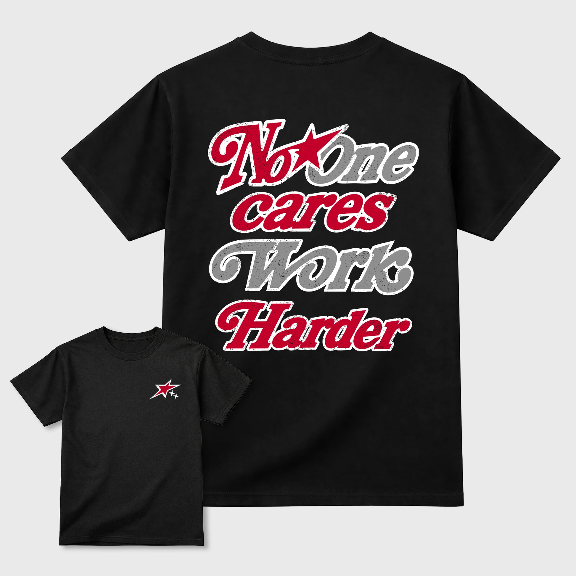 No One Cares Work Harder graphic t-shirt, Double side styled graphic shirts to complete your fit with the 4s Toro Bravo sneakers, shown in Black.