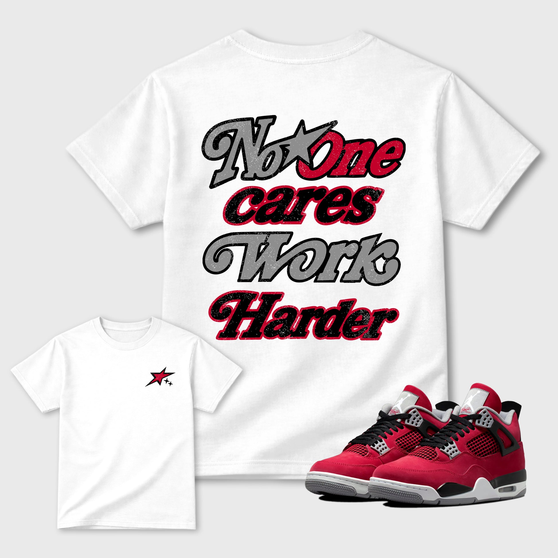 No One Cares Work Harder graphic t-shirt, Double side styled graphic shirts to complete your fit with the 4s Toro Bravo sneakers, shown in White.