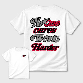 No One Cares Work Harder graphic t-shirt, Double side styled graphic shirts to complete your fit with the 4s Toro Bravo sneakers, shown in White.