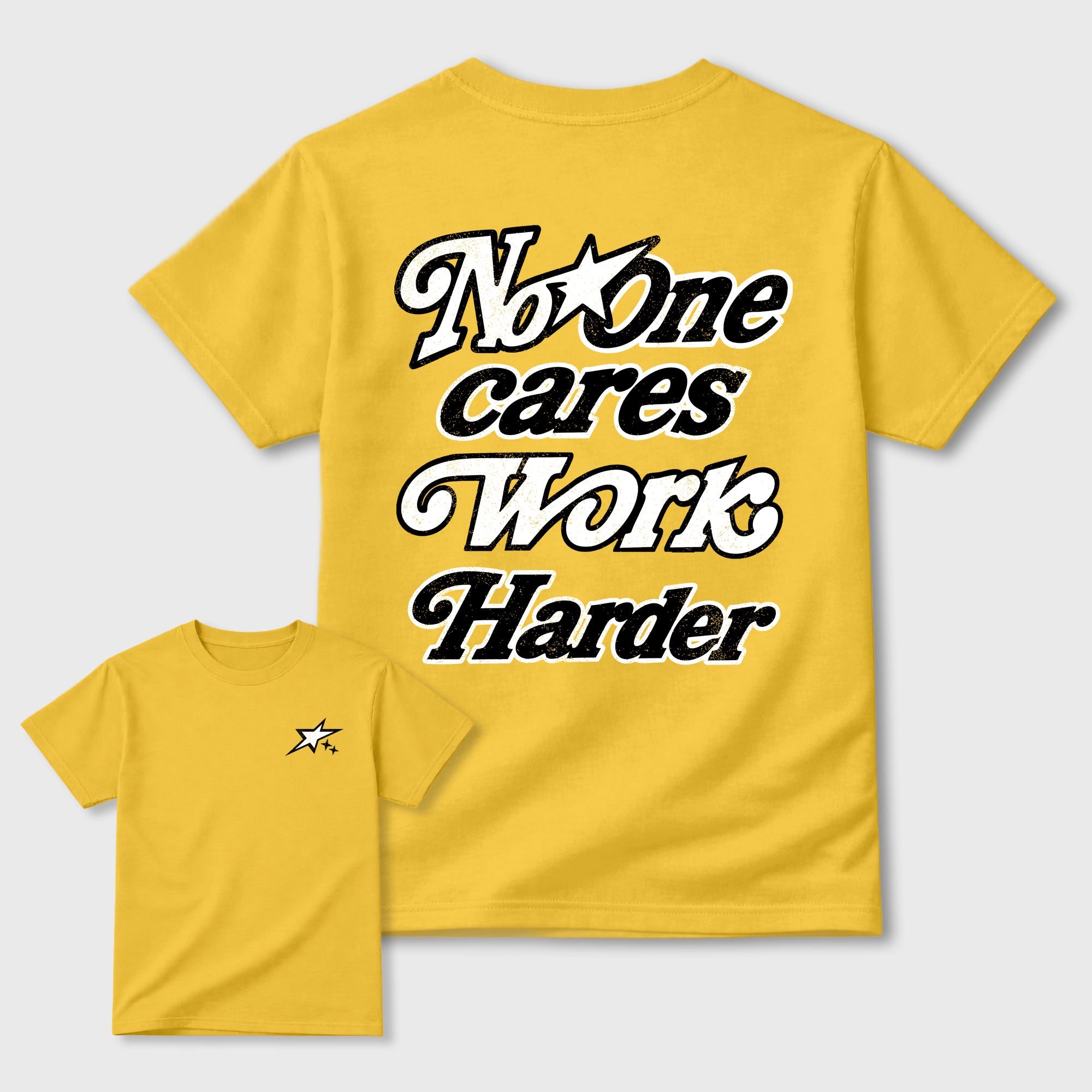 No One Cares Work Harder Graphic T-Shirt featuring original streetwear artwork designed to complement the bold Tour Yellow and Dark Blue Grey accents of the Air Jordan 4 Tour Yellow. Daisy Graphic T-Shirt.