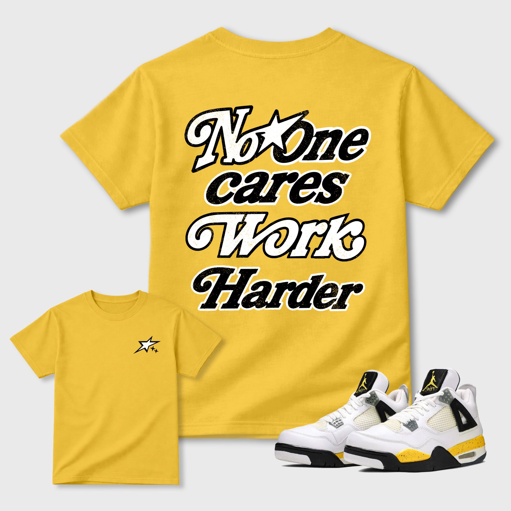 No One Cares Work Harder Graphic T-Shirt featuring original streetwear artwork designed to complement the bold Tour Yellow and Dark Blue Grey accents of the Air Jordan 4 Tour Yellow. Daisy Graphic T-Shirt.