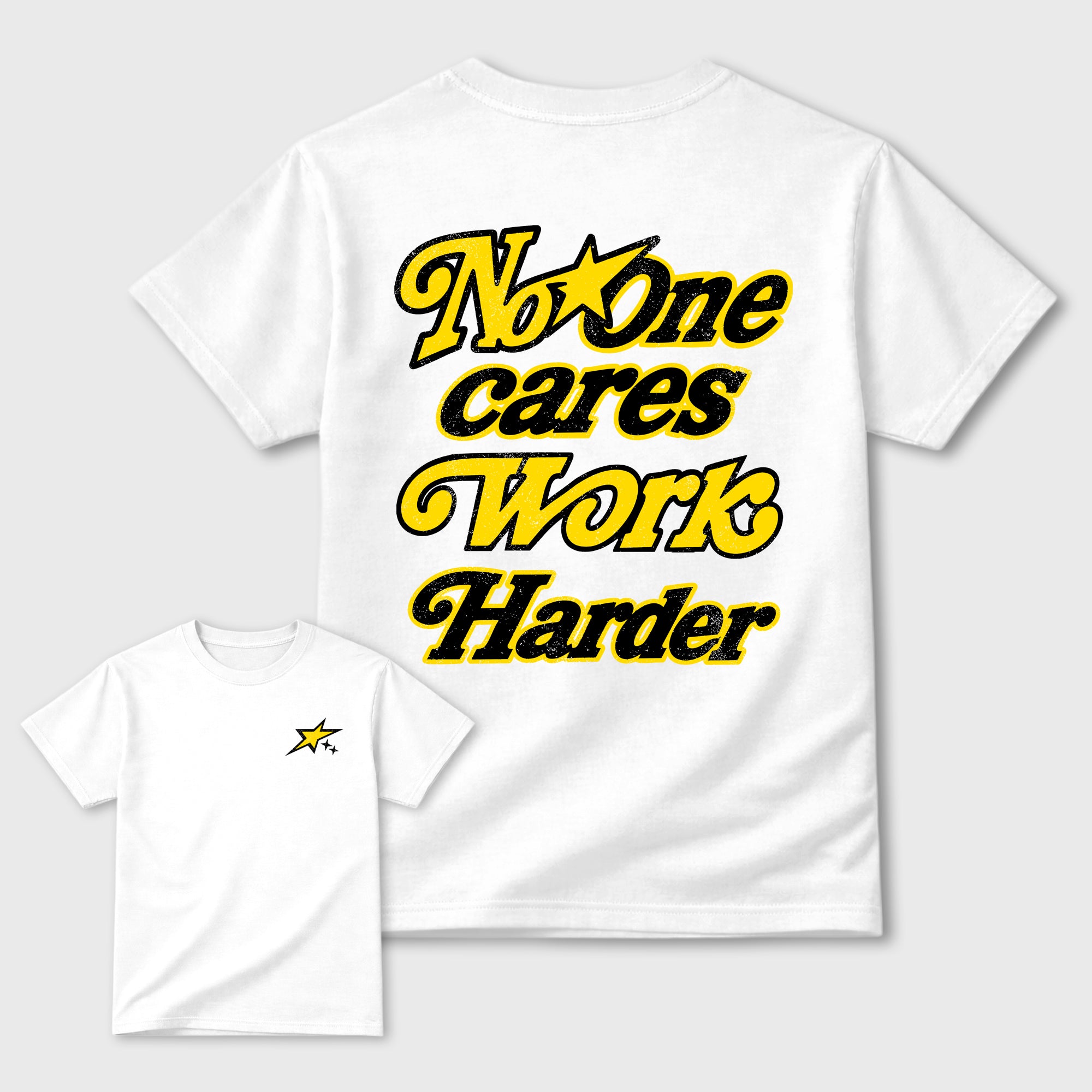No One Cares Work Harder Graphic T-Shirt featuring original streetwear artwork designed to complement the bold Tour Yellow and Dark Blue Grey accents of the Air Jordan 4 Tour Yellow. White Graphic T-Shirt.