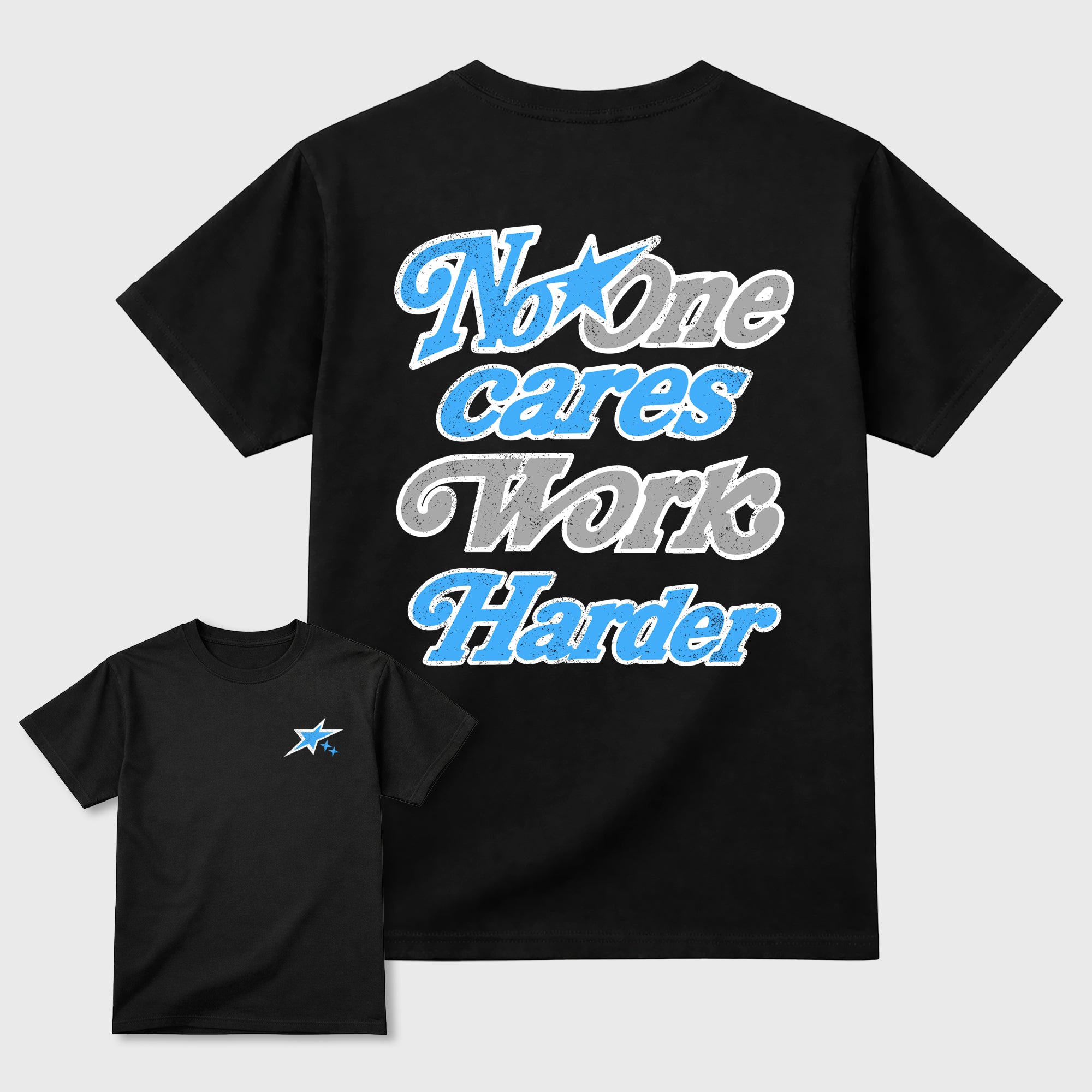 No One Cares Work Harder Graphic T-Shirt sneaker match tee designed for the sneakers, featuring coordinated color options for a perfect streetwear match. Black shirt.
