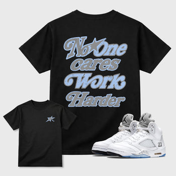 No One Cares Work Harder graphic t-shirt, Double side styled graphic shirts to complete your fit with the 5s Retro White Metallic sneakers, shown in Black.