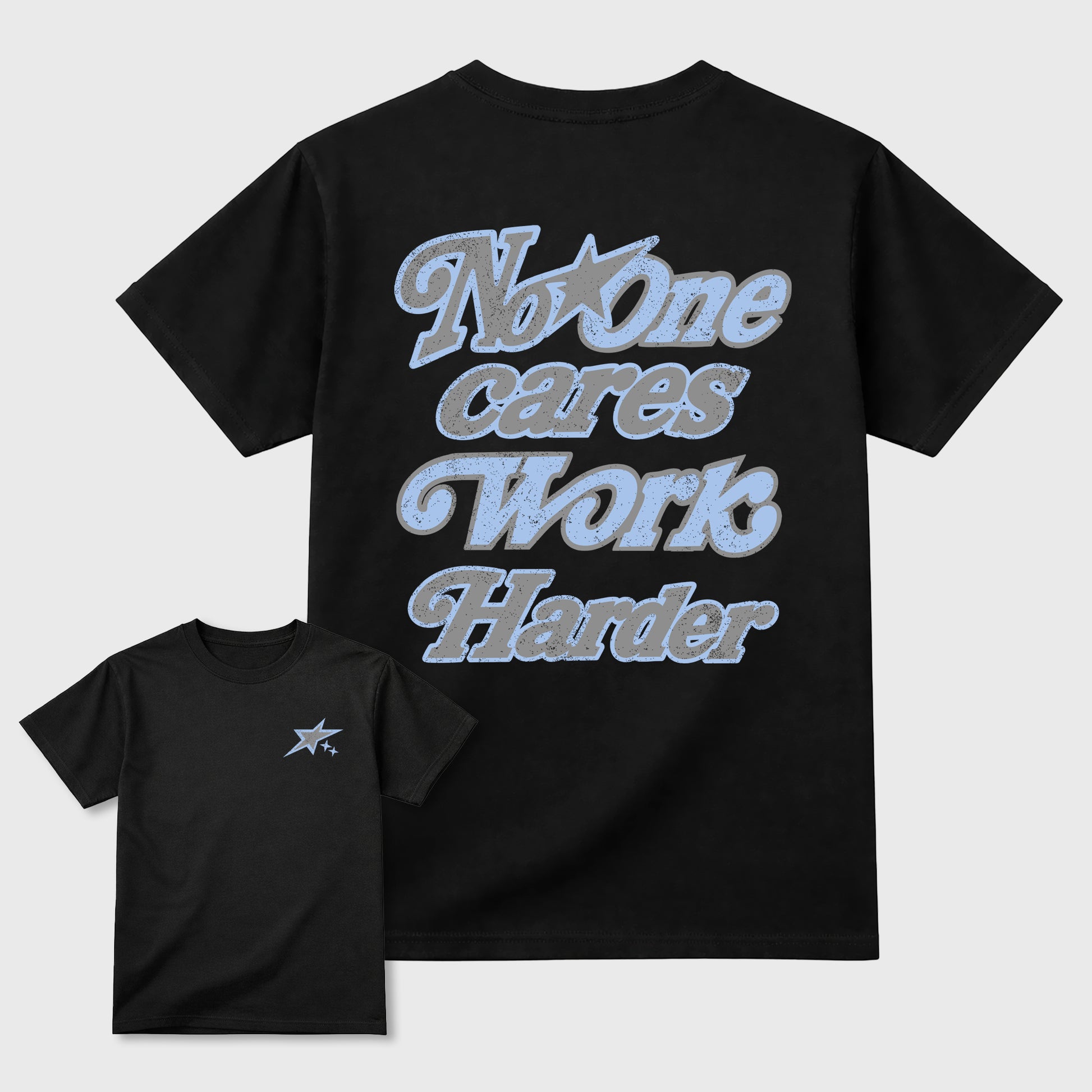 No One Cares Work Harder graphic t-shirt, Double side styled graphic shirts to complete your fit with the 5s Retro White Metallic sneakers, shown in Black.