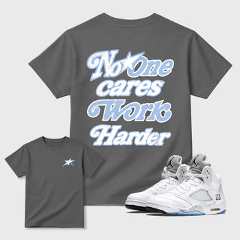 No One Cares Work Harder graphic t-shirt, Double side styled graphic shirts to complete your fit with the 5s Retro White Metallic sneakers, shown in Cool Grey.