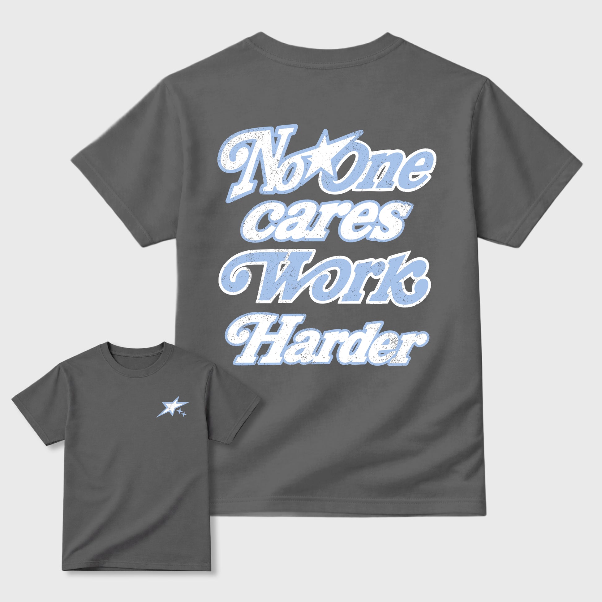 No One Cares Work Harder graphic t-shirt, Double side styled graphic shirts to complete your fit with the 5s Retro White Metallic sneakers, shown in Cool Grey.