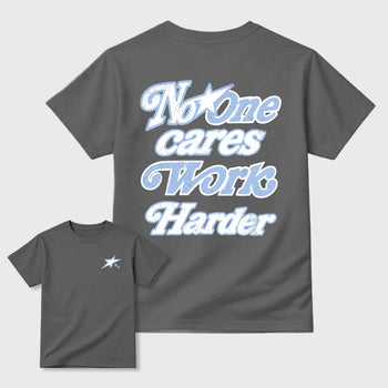 No One Cares Work Harder graphic t-shirt, Double side styled graphic shirts to complete your fit with the 5s Retro White Metallic sneakers, shown in Cool Grey.