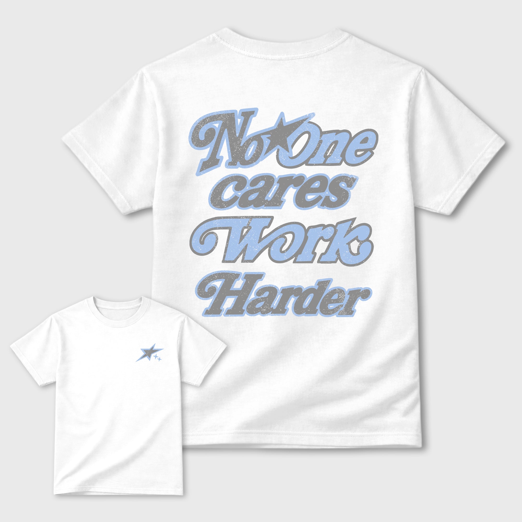 No One Cares Work Harder graphic t-shirt, Double side styled graphic shirts to complete your fit with the 5s Retro White Metallic sneakers, shown in White.
